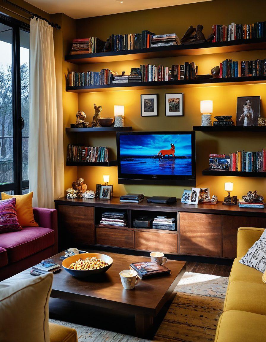 A cozy living room setting with a plush sofa and a large flat-screen TV displaying colorful streaming icons of popular series. A popcorn bowl spills over on the coffee table, and soft, warm lighting creates an inviting atmosphere. A cat lazily lounges on the couch, emphasizing relaxation. The background features shelves filled with DVDs and books, hinting at a love for storytelling. super-realistic. vibrant colors. warm lighting.