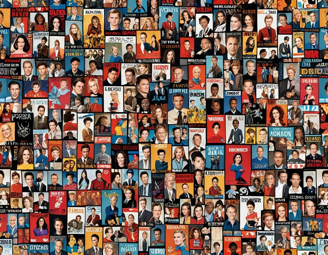 A vibrant and dynamic collage of various TV show elements including iconic characters, trailers, and a large digital screen displaying the latest series news. The background features film reels and popcorn, emphasizing the entertainment theme. The composition should have a lively, engaging atmosphere that invites viewers to explore what's trending. super-realistic. vivid colors. cinematic style.