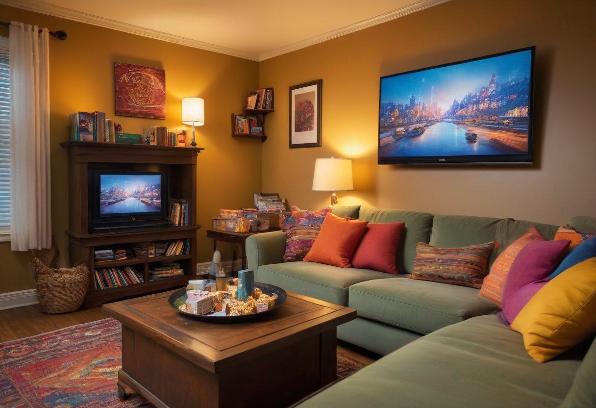 A cozy living room scene with a large television displaying a binge-worthy series logo, surrounded by a vibrant collection of snacks and drinks. A comfortable sofa filled with colorful throw pillows, with a stack of DVDs and a laptop on a coffee table, symbolizing streaming options. Soft ambient lighting that creates a warm atmosphere. Add playful elements like popcorn flying in the air and a cat lounging nearby. digital art. vibrant colors. cozy atmosphere.